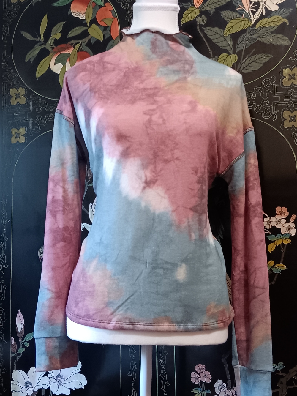Mystree Tie-Dye Mock Neck Long Sleeve Top - Pink & Blue